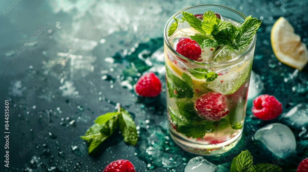 Refreshing mint cocktail mojito consisting of rum, lemon, mint, thyme, ice and raspberry. Summer fresh drink with or without alcohol in luxury Michelin culinary style Refreshing mint cocktail mojito consisting of rum, lemon, mint, thyme, ice and raspberry. Summer fresh drink with or without alcohol in luxury Michelin culinary style