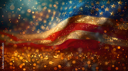 American flag waving against glittering gold bokeh background