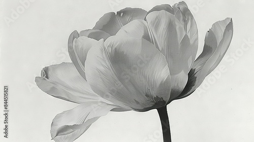   Photo captures a tulip with opened petals during midday in black and white