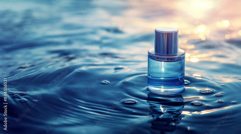 Blue cosmetic jar with facial serum on a background of blue water Blue cosmetic jar with facial serum on a background of blue water