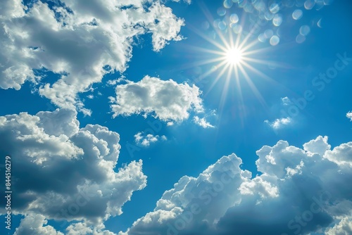 A stunning photograph of a bright sun shining through fluffy white clouds in a blue sky © pham