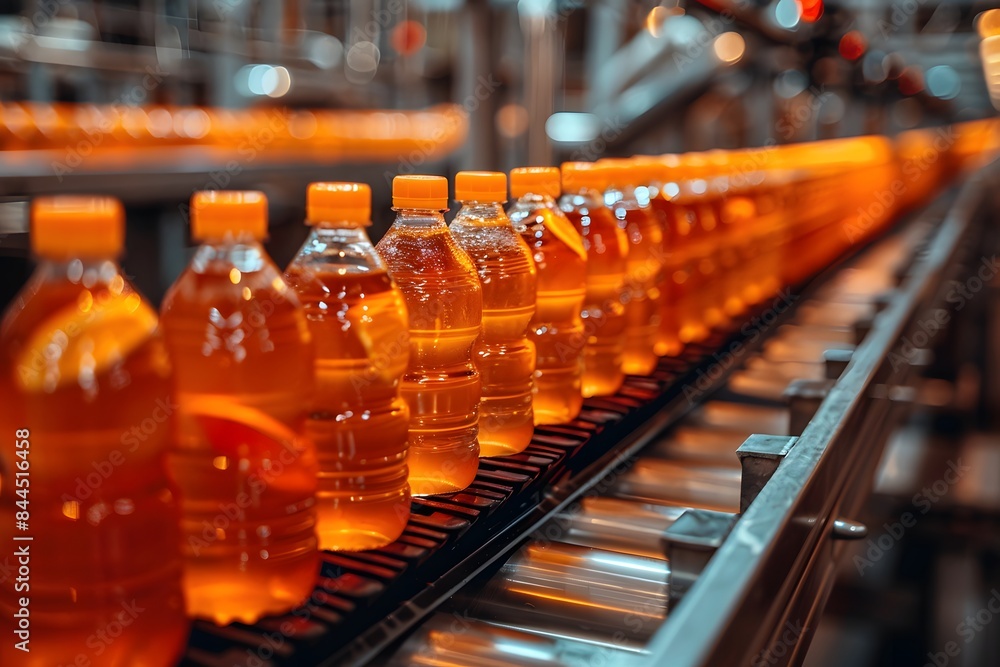 Automated Orange Juice Bottling Production Line in Modern Beverage Factory - Industry, Technology, Manufacturing Automated Orange Juice Bottling Production Line in Modern Beverage Factory - Industry, Technology, Manufacturing