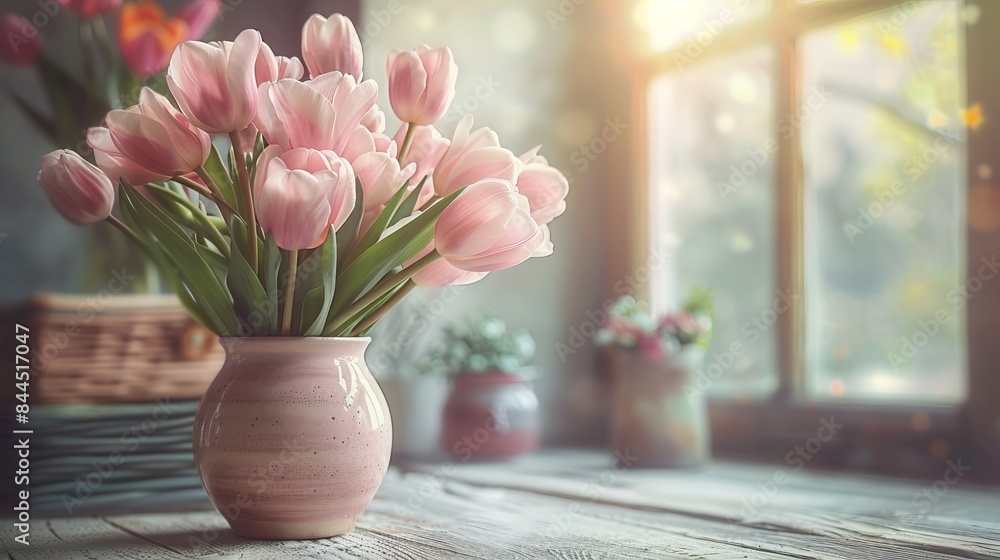 A bouquet of pink tulips in a vase on a wooden table by the window with sunlight streaming through, creating a warm and cozy atmosphere. A bouquet of pink tulips in a vase on a wooden table by the window with sunlight streaming through, creating a warm and cozy atmosphere.