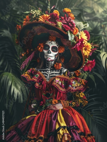 a woman dressed in a mexican costume with a skull and flowers
