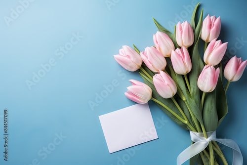 Wallpaper Mural A bouquet of pink tulips with a blank greeting card on a blue background, perfect for delicate occasions and messages. Torontodigital.ca