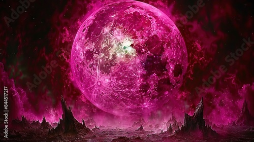  A moon that is pink in hue appears large against a black background with swirling clouds of pink smoke emanating from its surface