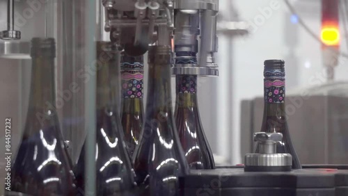 Conveyor with moving bottles filled with rose wine on which caps are screwed automatically