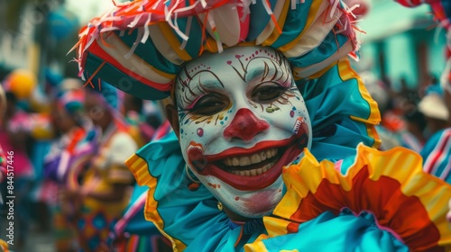 a clown in colorful costume with a clown mask