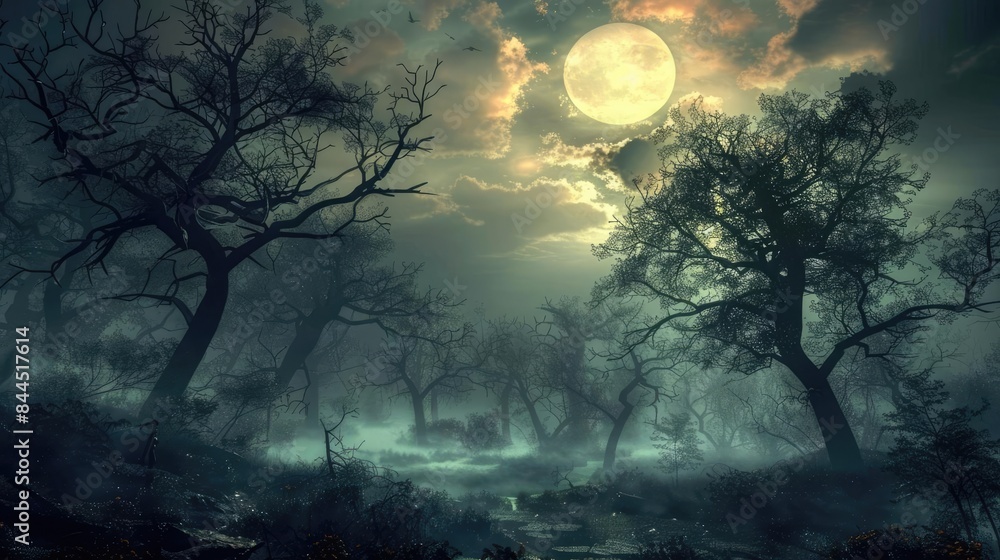 Eerie full moon night in a mysterious forest with silhouettes of trees and a foggy atmosphere. Eerie full moon night in a mysterious forest with silhouettes of trees and a foggy atmosphere.