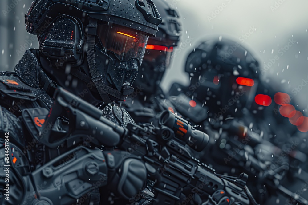 Fototapeta premium A group of futuristic soldiers in high-tech gear with glowing red visors, standing in the snow, ready for action.