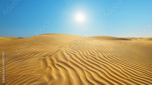 A vast expanse of golden sand dunes stretching to the horizon, with undulating ripples sculpted by the wind under the blazing sun.