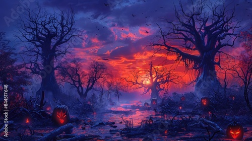 Halloween spooky forest at sunset with carved pumpkins, eerie atmosphere, barren trees, and misty landscape. © Jiraporn