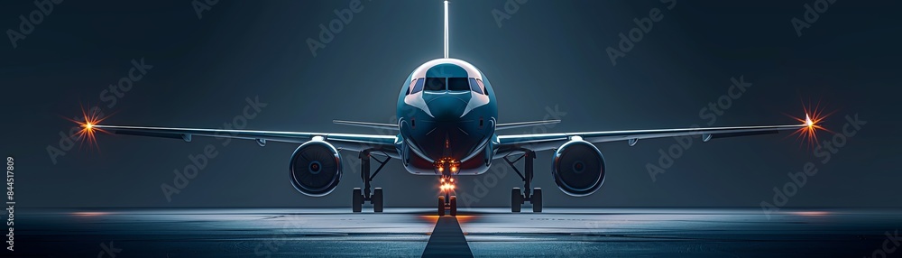 Fototapeta premium A modern passenger plane is parked on the runway at night.