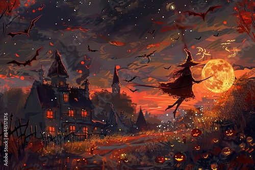 Enchanting Halloween night scene with a witch flying by a haunted house under a full moon, surrounded by pumpkins, bats, and eerie lights. photo