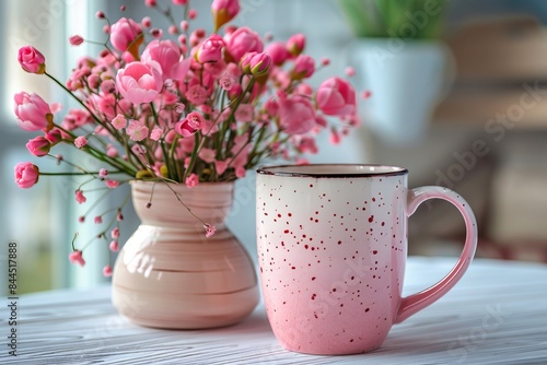 Wallpaper Mural A pink ceramic mug sits next to a vase of vibrant pink flowers on a white table, creating a cozy and calming scene. Torontodigital.ca
