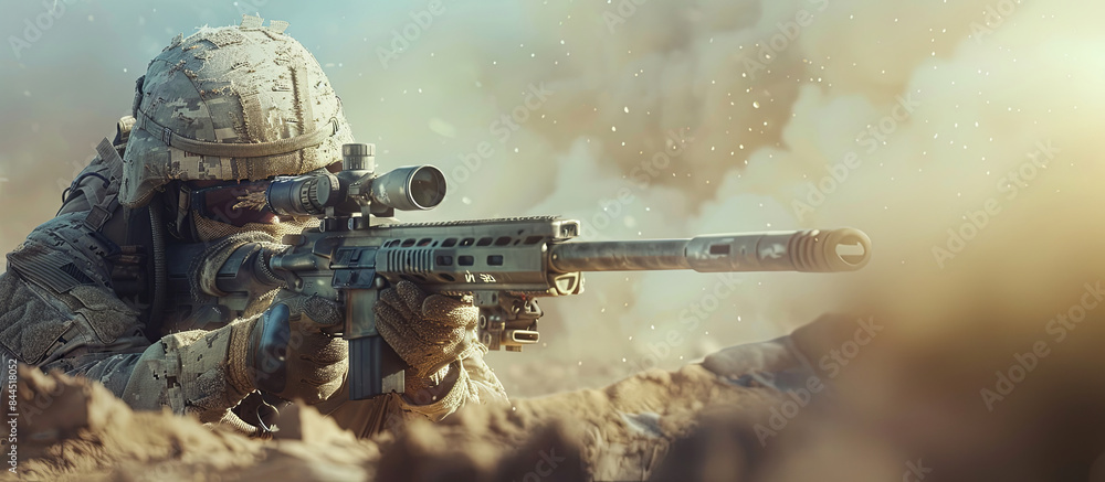 Obraz premium A soldier in full gear taking aim with a sniper rifle in a desert-like environment, showcasing military precision and focus in action.