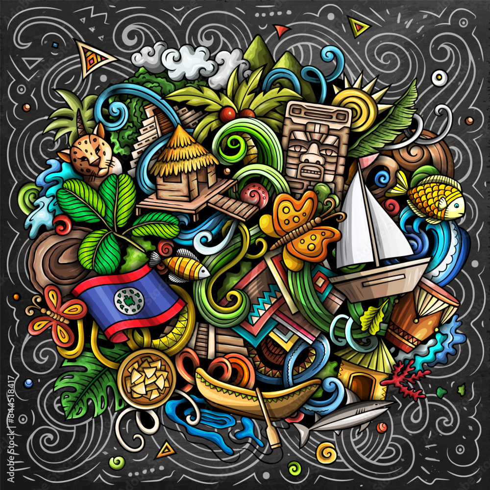 Vector funny doodle illustration with Belize theme. Vibrant and eye-catching design, capturing the essence of Central America culture and traditions through playful cartoon symbols