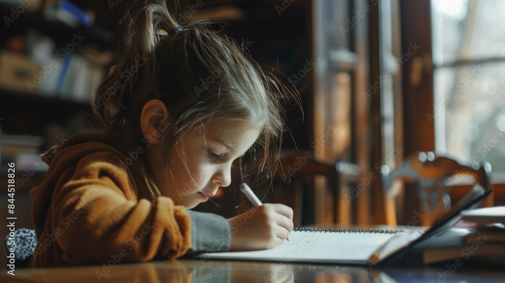 Side view of a focused child doing homework Side view of a focused child doing homework