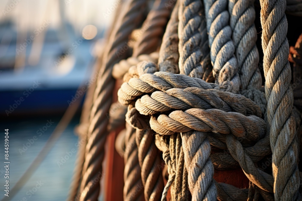 Close-up of coiled ropes on a sailboat with warm sunset light in the marina Close-up of coiled ropes on a sailboat with warm sunset light in the marina