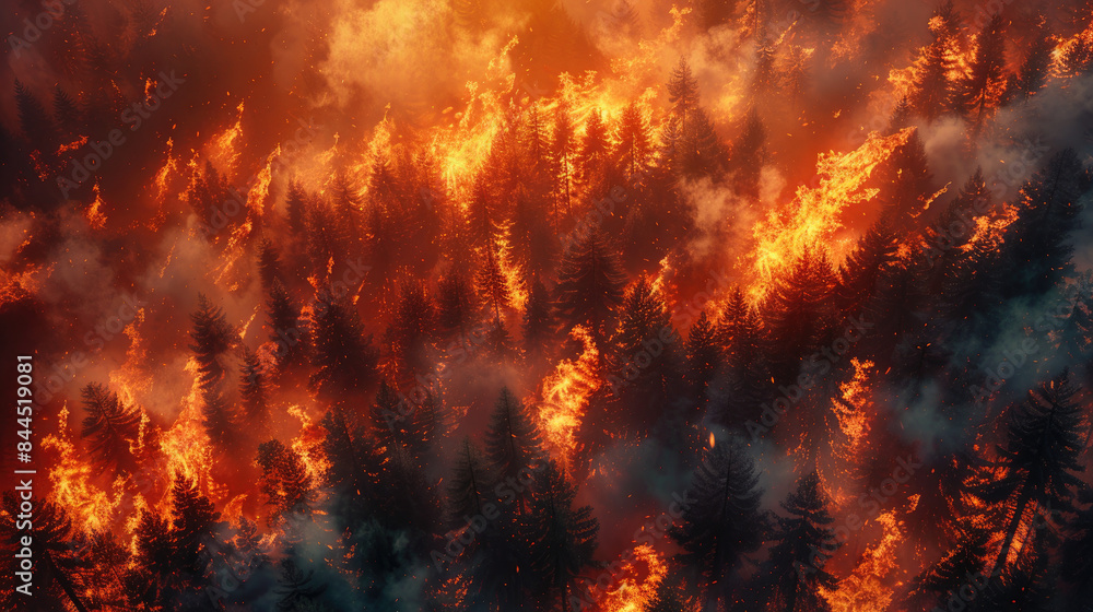 Burning forest with flames, top view, highlighting the vivid and destructive fire, advanced tone Burning forest with flames, top view, highlighting the vivid and destructive fire, advanced tone