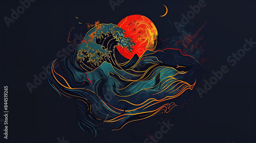 Vibrant digital artwork of a cosmic ocean with a fiery sun and crescent moon.