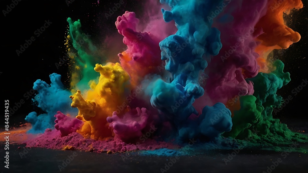ultra hd 8k multi sharp rainbow color powder splashes on black background in spot light from both