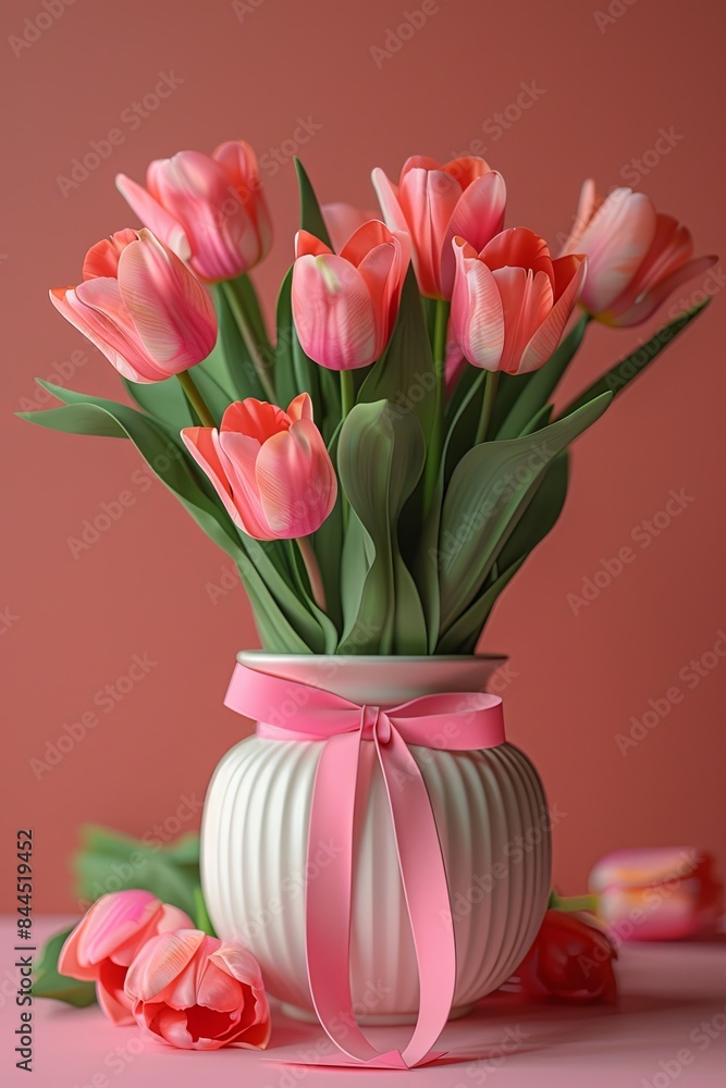 Fototapeta premium Beautiful pink tulips in a white vase with a pink ribbon on a coral background, perfect for spring and floral home decoration.