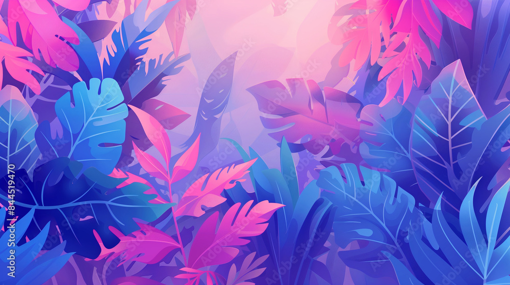 Vibrant, colorful illustration of tropical leaves in pink and blue hues. Vibrant, colorful illustration of tropical leaves in pink and blue hues.