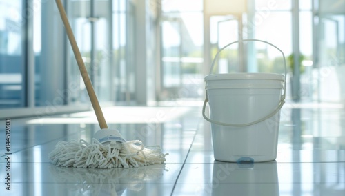 a white plastic bucket with a wooden handle and white microfiber head