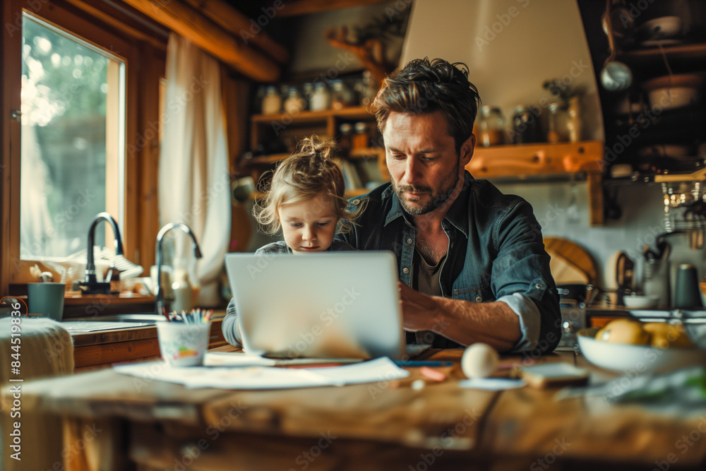 Father and Daughter Working Together in Cozy Kitchen Father and Daughter Working Together in Cozy Kitchen