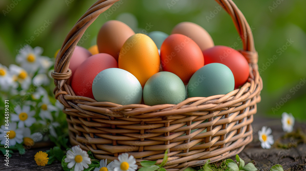 basket of colorful chicken eggs basket of colorful chicken eggs