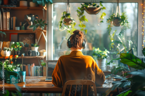 Woman Working at Home Office Surrounded by Plants