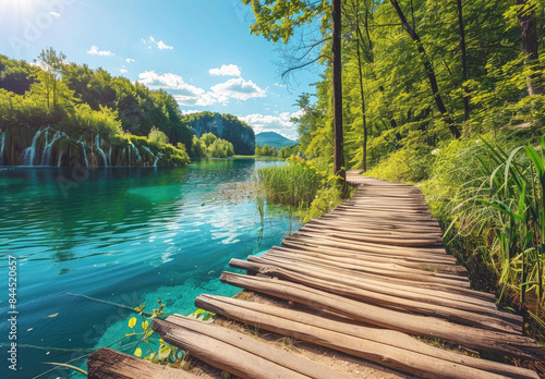 A wooden path leading through the lush greenery