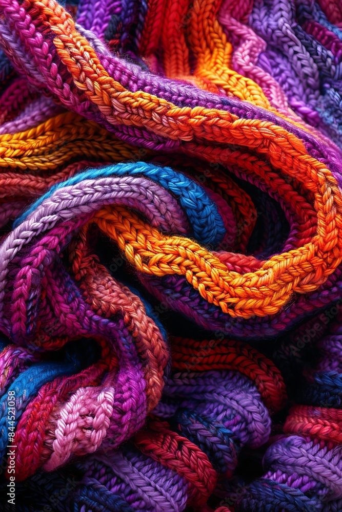 Colorful knitted fabric with intertwined vibrant yarns in shades of orange, purple, blue, and pink. Warm and cozy texture perfect for crafting. Colorful knitted fabric with intertwined vibrant yarns in shades of orange, purple, blue, and pink. Warm and cozy texture perfect for crafting.