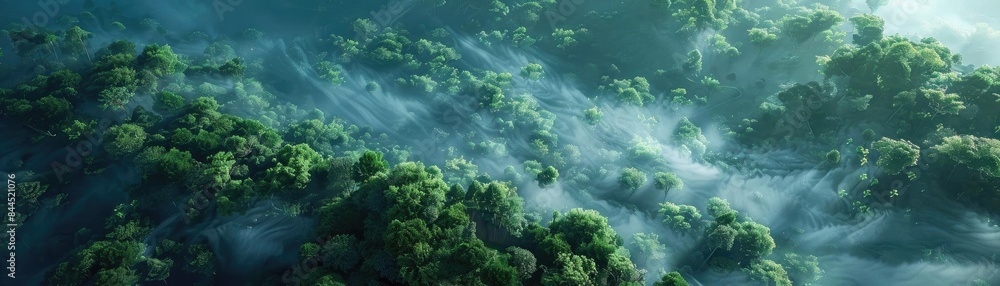 Aerial view of lush green forest covered in mist, capturing the beauty of nature and the tranquility of a foggy morning scenery. Aerial view of lush green forest covered in mist, capturing the beauty of nature and the tranquility of a foggy morning scenery.