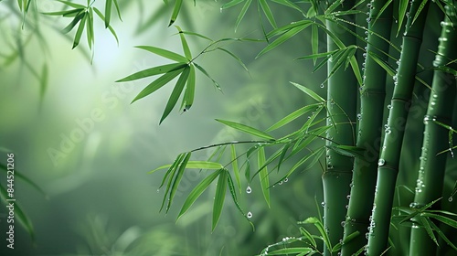 Serene bamboo forest with lush green leaves and misty background, creating a tranquil and natural atmosphere perfect for relaxation.