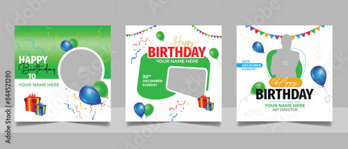 Birthday wishes social media post template, party invitation or greeting card, happy wedding anniversary celebration event square banner poster design set