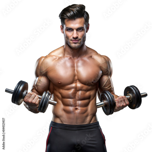 Muscular man lifting dumbbells on a transparent background