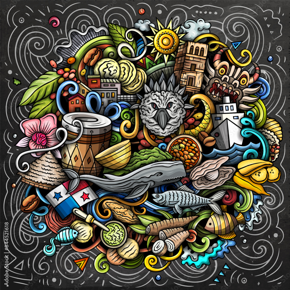 Vector funny doodle illustration with Panama theme. Vibrant and eye-catching design, capturing the essence of Central America culture and traditions through playful cartoon symbols Vector funny doodle illustration with Panama theme. Vibrant and eye-catching design, capturing the essence of Central America culture and traditions through playful cartoon symbols