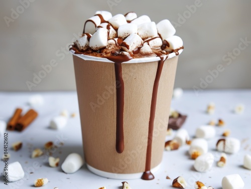 giant paper cup of hot chocolate with marshmallows and drizzled chocolate on a white background