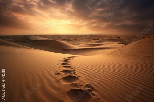 Stunning sunset over sand dunes with a trail of human footprints in a desert landscape