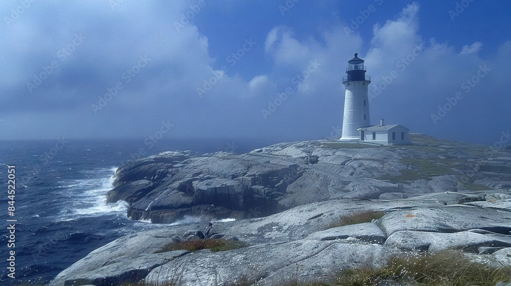 Lighthouse on rocky cliff by water, cloudy sky Lighthouse on rocky cliff by water, cloudy sky