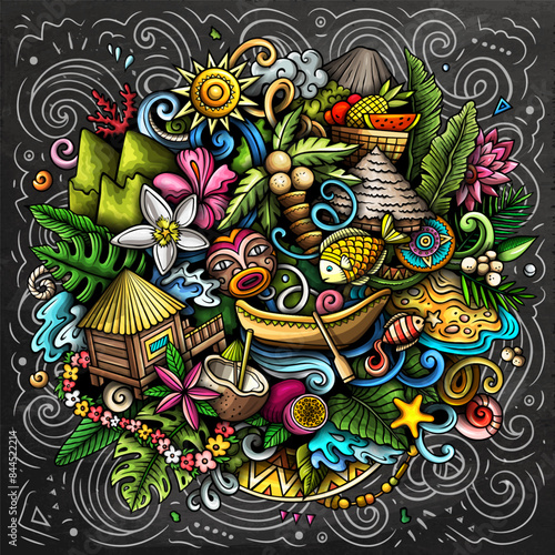 Tahiti hand drawn cartoon doodle illustration. Creative funny vector background with French Polynesia elements and objects. Colorful chalkboard composition