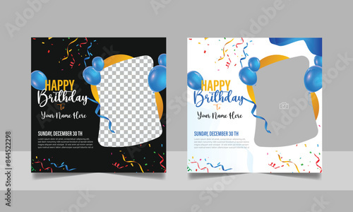 Birthday wishes social media post template, party invitation or greeting card, happy wedding anniversary celebration event square banner poster design set