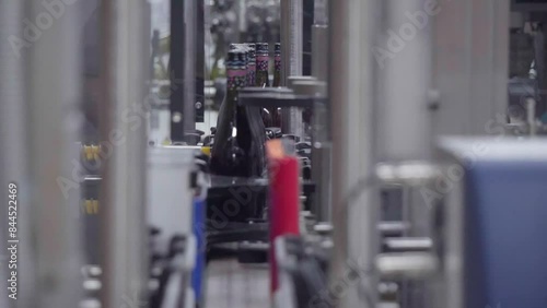 Wallpaper Mural Conveyor with moving bottles filled with rose wine and screw caps front view Torontodigital.ca