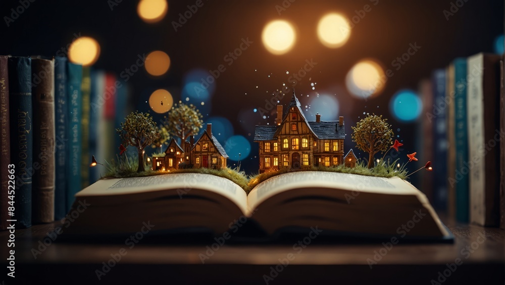 Fantasy world inside of the book Concept of education imagination and creativity from reading books. Fantasy world inside of the book Concept of education imagination and creativity from reading books.
