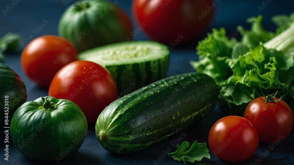 Fresh vegetables on a blue dackground Cucumbers, tomatoes and lettuce Healthy eating and vegetarianism concept. Fresh vegetables on a blue dackground Cucumbers, tomatoes and lettuce Healthy eating and vegetarianism concept.