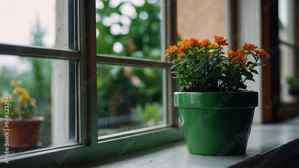 Home gardening concept Green pot flowers on a windowsill. Home gardening concept Green pot flowers on a windowsill.