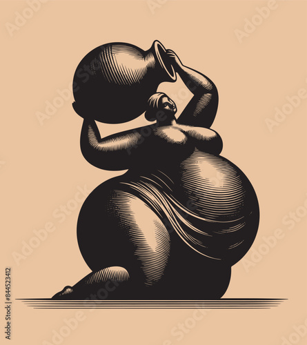 A plump African woman with a jug above her head. Abstract black and white vector illustration. Artwork, engraving, isolated object