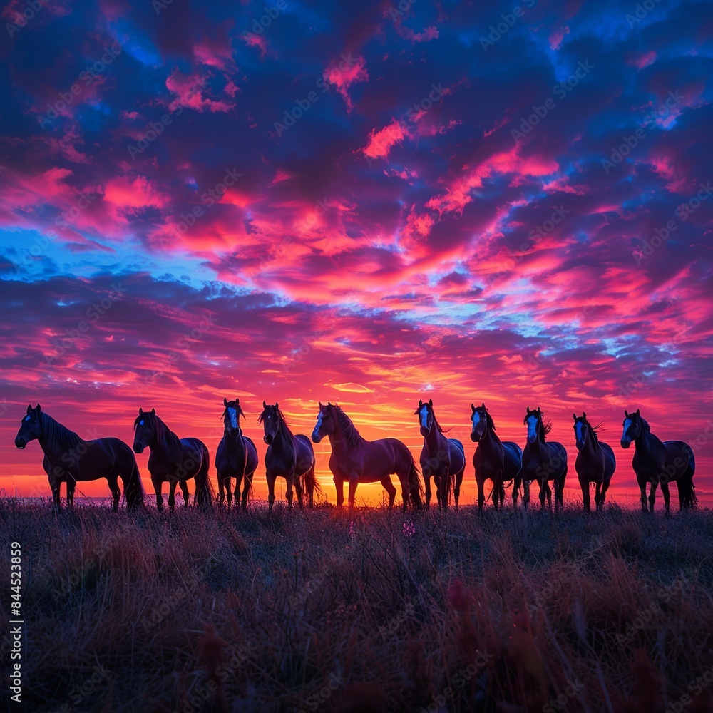Experience the beauty of freedom as wild horses gallop freely across a vast grassland, their mane and tails flowing in the wind, embodying the untamed spirit and grace of nature.